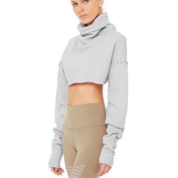 Alo Yoga Splice Long Sleeve Crop Sweatshirt Top Grey Womens Sz M - Picture 3 of 10